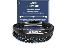 VGWON Cadeau pour Homme Bracelet cuir VéRitable avec Pierres Naturelles, Cadeau pour Couple Mari Petit-Ami Fils Papa Grand pere, Cadeau pour Saint-Valentin Fete des Peres NoëL Anniversaire