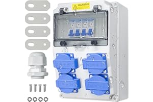 ESTVIIG Scatola di distribuzione di corrente da costruzione, 16 A, 230 V, cassetta di distribuzione a parete, IP65, interruttore Fi, presa a parete, distributore di corrente forte, per interni ed esterni