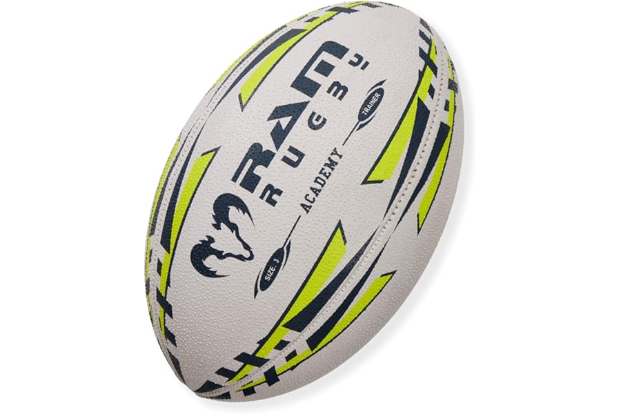 Ram Rugby Academy Training Ball (Size 3 & 4) – Hand Stitched 3-Ply with 1 Year Shape Guarantee – High Grip Rubber Surface for Youth & Club Use