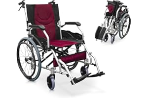 Quirumed - Sedia a Rotelle Pieghevole in Alluminio | Poggiapiedi Regolabili | Frenatura Manuale | Ruote Massicce per Facile Spostamento | Leggera e Resistente, Nero e Rosso