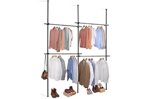 DIRECT ONLINE HOUSEWARE House of Home Heavy Duty Double Telescopic Clothes Rail - Rail Wardrobe Replacement - Adjustable Shelving Rack - Clothes Storage & Organiser for Shirts, Coats, Jackets, Hat & Shoes