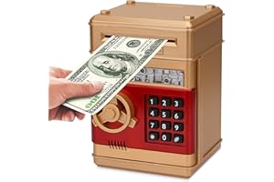 Revanom Electronic Piggy Bank, Mini ATM Password Money Bank Cash Coins Saving Box for Kids, Cartoon Safe Bank Box Perfect Toy Gifts for Boys Girls (Gold)