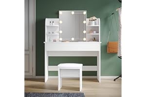 SUNXURY Tavolo da toeletta con illuminazione e sgabello, moderno bianco, 108 x 40 x 140 cm