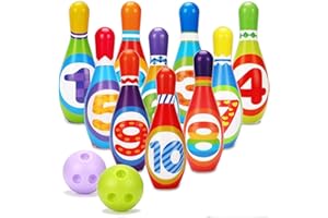 The Magic Toy Shop Bowling Set Kids Skittles Game Set Toys Educational Bowling Set 10 x Bowling Pins & 2 Balls For Toddlers Boys Girls Indoor & Outdoor Bowling Toy