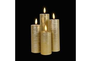 LUCOZA 4er Set Flammenlose LED Kerzen mit Timer für Innen, 10/12,5/15/17,5 cm Batteriebetriebene LED Echtwachskerzen, Realistische Stumpenkerze mit 3D-Dochtlich, Gold