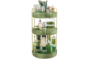 SONGMICS Makeup Organiser Rotating, 3-Tier Round Skincare Organiser, Customisable, Toiletries Cosmetics Organiser, Gift, Pale Green JKA011C01