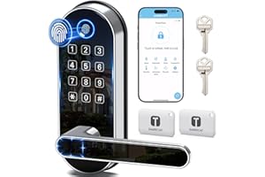 SAMTECHT Keyless Entry Fingerprint Smart Lock with Handle & Keypad: Electronic/Electric Digital Lock with Code/Passcode, Biometric Deadbolt Door Knob for Front Door, Bedroom, Interior or Exterior Use (Silver)