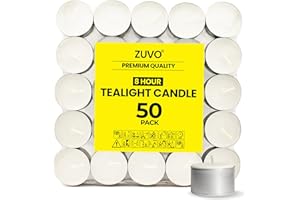 Zuvo 8-Hour Unscented Tea Light Candles (50-Pack) - Long-Lasting with Cotton Wicks, Clean Burning, 3.8 x 2.3 cm, White