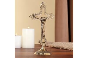 HASHCART® Brass Crucifix Cross with Stand - Jesus Decor Catholic Decor - Brass Jesus Christ Statue for Home Office Church Christian Decor [ 6 inch ]