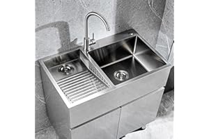 ATHOMASM Fregadero De Acero Inoxidable Con Tabla De Lavar: Lavabo Para Uso General Hecho A Mano Para Lavadero, Taller Y Garaje: Acabado Cepillado Duradero, Lavabo Profundo Con Drenaje Eficiente(Left-b,90cm)