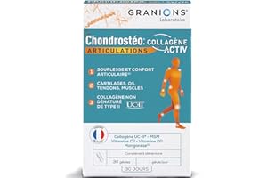 GRANIONS| Chondrostéo+ Collagène Activ' | Contribue à la souplesse et au confort articulaire | Mobilité, souplesse, capital osseux | Collagène, Vitamine C, Manganèse | 30 Gélules