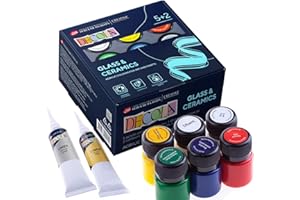 Decola Set di colori per porcellana Set di colori per vetro - 5 colori da 20 ml + 2 colori per contorno da 18 ml + diluente da 20 ml | Alta copertura su superfici scure