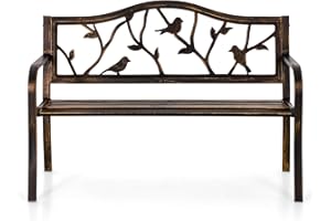 ‎PHI VILLA PHI VILLA Gartenbank Metall Stahlrahmen 2-3 Sitzer Bank Outdoor mit Vogelmuster Rückenlehne Sitzbank für Park, Garten und Terrasse Bronze