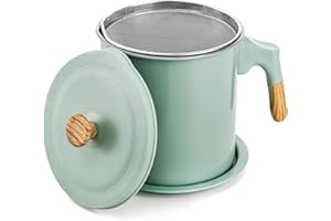 Lyellfe Bacon Grease Container with Strainer, 48 Oz Stainless Steel Oil Filter Pot for Kitchen, Green Cooking Oil Storage Holder