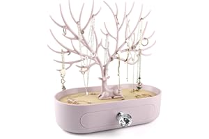 MORE&LESS Présentoir à bijoux en bois de cerf avec tiroir et poignée en cristal, organiseur à suspendre pour bagues, boucles d'oreilles, colliers, bracelets