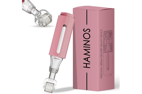HAMINOS Derma roller 0,25 mm avec Réservoir pour Lèvres, Peau, Cheveux, Rides, Vergetures, Hyperpigmentation APPLICATION INSTANTANÉE DU SÉRUM, 105 aiguilles en titane