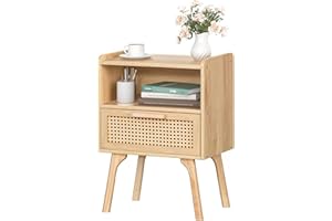 LELELINKY Nachttisch Rattan, Holz Boho Beistelltisch mit Rattan Dekoriert Schubladen und Offenem Regal, Kleiner Nachttische, Nachtkommode mit Tischbeine aus Massiv für Wohnzimmer, Schlafzimmer, Natur