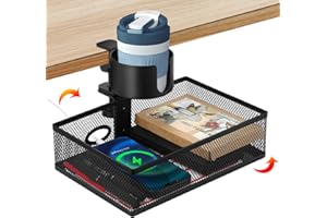 icyant 360° Rotary unter Schreibtischschublade mit Tassenhalter, 2 in 1 Schreibtisch Schubladen Organizer Tablett Anti-Spill-Schreibtischhalter und Lagerregal, Metall-Aufbewahrungsbox für Home Office