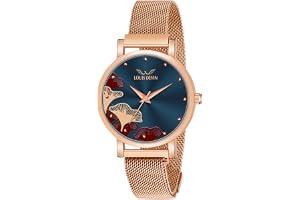 LOUIS DEVIN Rose Gold Plated Mesh Chain Analog Wrist Watch for Women (Black/Blue/Rose Gold Dial) | RG162
