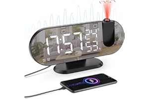 Augot Réveil à projection,22.9 cm,Miroir LED,Réveil de chevet avec radio FM,Horloge numérique avec port USB,Projecteur à 180°,Affichage de la température et de l'humidité, répétition, 4 variateurs
