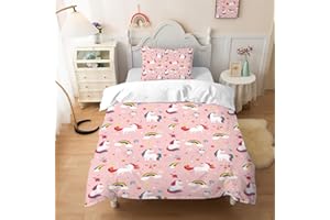INTOMENG Unicorn Rainbow Bedding 135×200cm Single Duvet Covers for Kids Girls Cute Pink Bedding Set Quilt Cover 100% Microfibre and 1 Pillowcase 50×75cm 3D Meteors Flowers Hearts Pattern