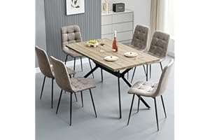 ANVOFONG Essgruppen Esstisch mit 6 Khaki Stühlen,140 x 80 x 76 cm Rechteckig Esstisch aus helles Holzfarbe,Esszimmerstühle mit technisches Tuch,für Küche Esszimmer und Wohnzimmer