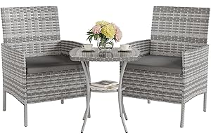 UDPATIO Garden Furniture Set 3 PCS Rattan Patio Conservatory Outdoor Bistro Set Patio Weave Companion Chair Table Set Grey
