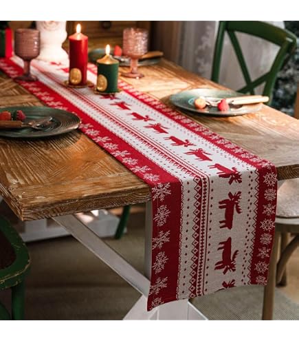 Runner Natalizio in Lino Rosso 35x180 cm,Stampa Renna e Fiocco di Neve Runner da Tavola Natalizio,Moderno Runner da Tavolo Natale Centrotavola Natalizio,per Pranzi Festivi, Natale e Cene in Famiglia