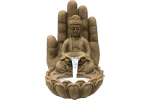 INTERGARDEN Brunnen Buddha Calm Sandstein-Optik, aus Polyresin inkl. Pumpe und LED | Deko-Wasserbrunnen für Garten, Terrasse & Zimmer | Wasserspiel für In- und Outdoor