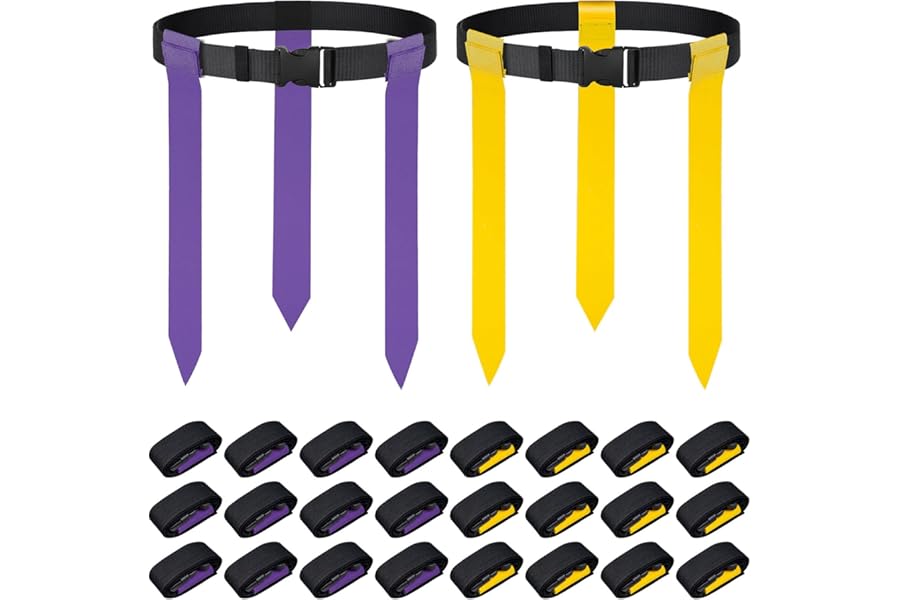 YFNVH Tag Rugby Belt Set for 14 Players, 14 Adjustable Belts & 42 Flags, Team Training Equipment for Schools & Clubs, Yellow/Purple