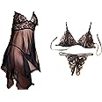 Lingerie for Women 3PC Set Lace Babydoll Strap Chemise Sexy V Neck Sleepwear,Lace Bra and G-String Underwear