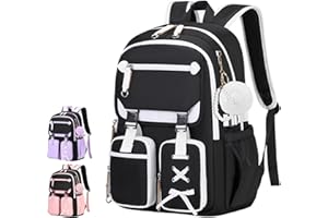 GENERIC Stylish 3PCS Girls School Bag Set – Waterproof & Lightweight Laptop Backpack with Lunch Bag & Pencil Case, Large Capacity Nylon Rucksack for Teen Girls, School & Travel (B-Black White)