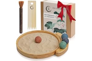 ENSO SENSORY ENSO Japoński zestaw ogrodowy zen na biurko, piasek, narzędzia ogrodowe i akcesoria, zestaw pudełek na biurko biurowe, duża okrągła taca bambusowa 30 cm, 4 kulki, naturalny piasek, grabie, mini zen