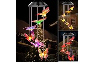 WLEVZZOR Campanelli eolici solare, Campane a vento solare che cambiano colore Luce a LED Indoor Outdoor Patio Prato Giardinaggio Regali (Farfalla - trasparente)