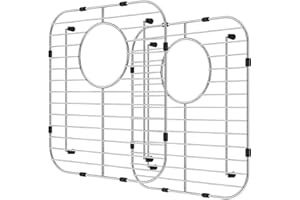 FORIBYW 2Pcs Kitchen Sink Protector 34x30cm Stainless Steel Double Bowl Sink Bottom Grid with R50 Corner Multifunctional Sink Rack Dishes Drainer Grid for Sink Grate(offset hole)