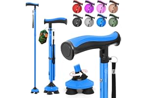 BeneCane Walking Cane for Men & Women Walking Stick for Seniors Folding Canes Quad Cane Adjustable Lightweight Sturdy Free Standing Collapsible Heavy Duty with Soft TPR T-Handle and Travel Bag