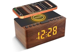 ANJANK Radio Réveil Numérique en Bois avec Radio FM,Station de Charge sans fil Rapide Pour iPhone/Samsung Galaxy,Alarm Clock et Affichage LED,Variateur à 5 Niveaux,Port USB,Minuterie de Sommeil, Marron