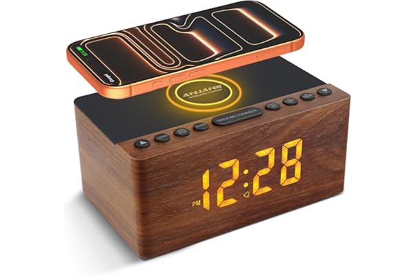 Radio Réveil Numérique en Bois avec Radio FM,Station de Charge sans fil Rapide Pour iPhone/Samsung Galaxy,Alarm Clock et Affichage LED,Variateur à 5 Niveaux,Port USB,Minuterie de Sommeil, Marron