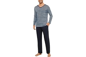 Demegimi Pijamas para Hombres Camiseta de Algodón de Manga Larga con Pantalones Largos Cuello en V Invierno Rayas Ropa de Dormir para Hombres