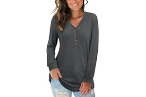 AUSELILY T-Shirt col V à Manches Longues pour Femmes Ample Décontracté Henley Chemisier Tunique Tops Bouton Blouses