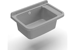 Adventa Baignoire en résine de PP, Fixation Murale, avec Siphon et bonde, résistant aux acides d'usage commun, buanderie, Garage, extérieur, Gris Ciment, 60 L x 40 P x 25 H cm