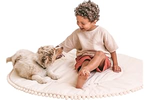 MINICAMP Padded Kids Play Mat - Floor Mat for Children 45” Wide - Soft Activity Mat for Floor Play - Round Teepee Pad from 100% OEKO-TEX® Certified Cotton - Nursery Rug with Pom Pom Decor