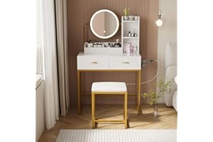 YOURLITE Dressing Table with LED Lights, Vanity Table with Adjustable Brightness Mirror, Makeup Desk with 2 Large Drawers and Hair Dryer Rack, Cushioned Stool, Modern Bedroom Dresser (White)