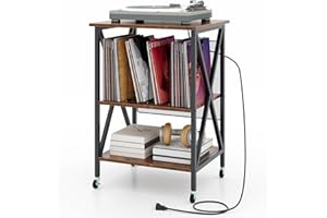 GOPLUS Soporte para Tocadiscos, Estante de Almacenamiento para Vinilos de 3 Niveles con Estación de Carga Incorporada y Ruedas Bloqueables, Soporte para Giradiscos (Marrón Rústico)
