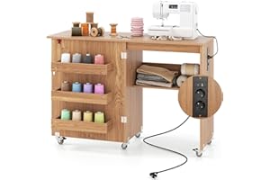 COSTWAY Table de Couture Pliante à roulettes, Armoire pour Machine à Coudre Roulante avec Étagère de Rangement, 3 Bacs Cachés, Meuble Couture pour Salon, Bureau, Studio (Naturel)