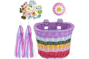 CJBIN Kids Bike Basket, Bike Basket Front Kids, Handwoven Bicycle Basket, Cycling Baskets with Spare Leather Straps, Cute Sticker, Bike Tassels and Bike Bell, Bike Accessories for Kids Girls, Coloured