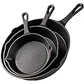 nuovva Pre-Seasoned Cast Iron Skillet Frying Pans Oven Safe Cookware for Indoor & Outdoor Use - Grill, StoveTop, Black (3-Pie
