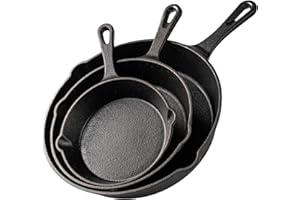 nuovva Pre-Seasoned Cast Iron Skillet Frying Pans Oven Safe Cookware for Indoor & Outdoor Use - Grill, StoveTop, Black (3-Piece Chef Set 6-Inch 15cm, 8-Inch 20cm, 10-Inch 25cm)