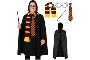 REDSTAR FANCY DRESS Costume per adulti Dark Wizard World Book Day - Set di 5 pezzi - mantello nero con cappuccio, sciarpa da mago, bacchetta, cravatta, occhiali marrone e oro per Halloween