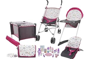 509 Crew 21 Piece Doll Stroll n Play & Care Combo Set, Stroller, Playard, High Chair Set, Carry Cot, Diaper Bag, Feeding and Grooming Accessories, Ages 3+